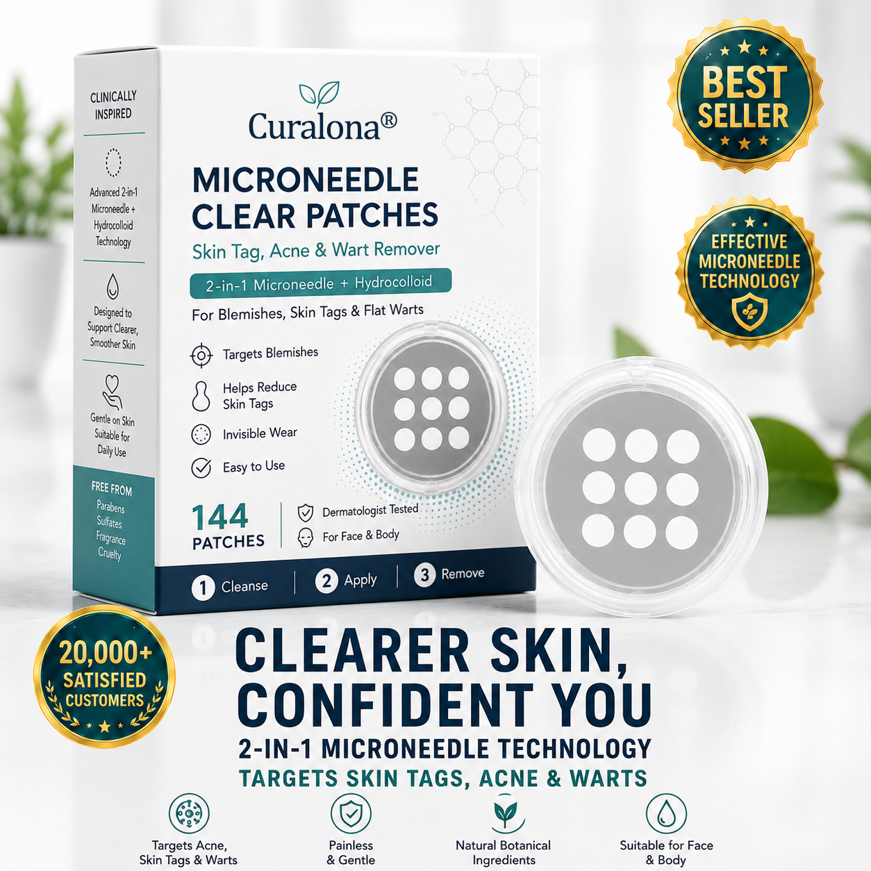 ✨Curalona®2-in-1 Microneedle & Hydrocolloid Patch🍀| Removes Raised Moles, Acne, Flat Warts & Skin Tags | Helps Improve Wrinkles, Scars & Blemishes | Invisible Patches for Face & Body