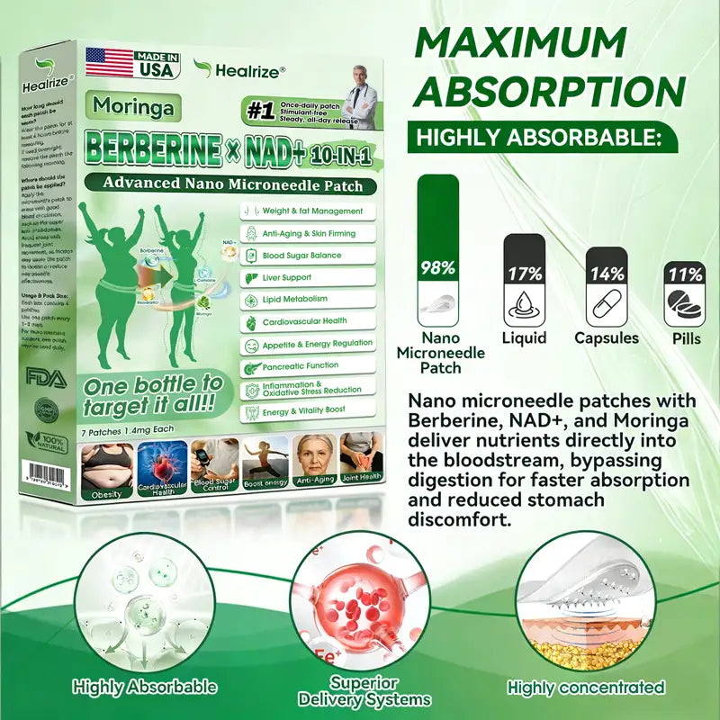 🇺🇸 𝐎𝐟𝐟𝐢𝐜𝐢𝐚𝐥 𝐔𝐒 𝐒𝐭𝐨𝐫𝐞 | 🧑‍⚕️🩺 𝐇𝐞𝐚𝐥𝐫𝐢𝐳𝐞® Moringa · Berberina × NAD+ 𝟏𝟎-𝐢𝐧-𝟏 𝐀𝐝𝐯𝐚𝐧𝐜𝐞𝐝 𝐍𝐚𝐧𝐨 𝐌𝐢𝐜𝐫𝐨𝐧𝐞𝐞𝐝𝐥𝐞 𝐏𝐚𝐭𝐜𝐡 — 𝐎𝐧𝐜𝐞 𝐃𝐚𝐢𝐥𝐲, 𝐕𝐢𝐬𝐢𝐛𝐥𝐞 𝐑𝐞𝐬𝐮𝐥𝐭𝐬 𝐢𝐧 𝟕 𝐃𝐚𝐲𝐬 